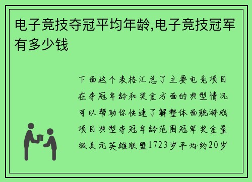 电子竞技夺冠平均年龄,电子竞技冠军有多少钱